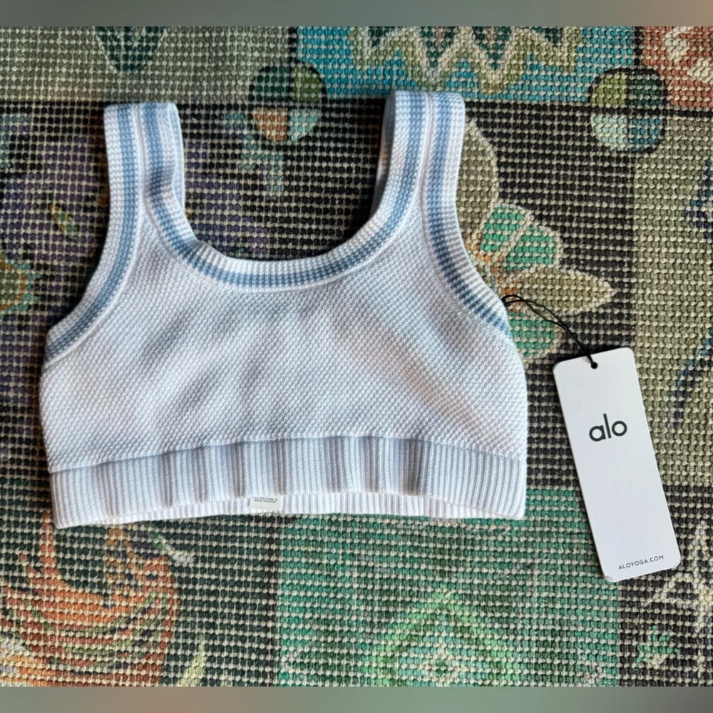 NWT ALO Yoga Tennis Club White and Crystal Blue Striped Knit Bra Top ONLY